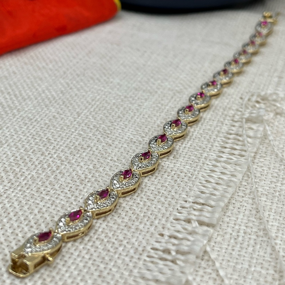 Vintage Gold-Over-Sterling Ruby & Diamond Accent Bracelet - 7.25” - Picture 4 of 17